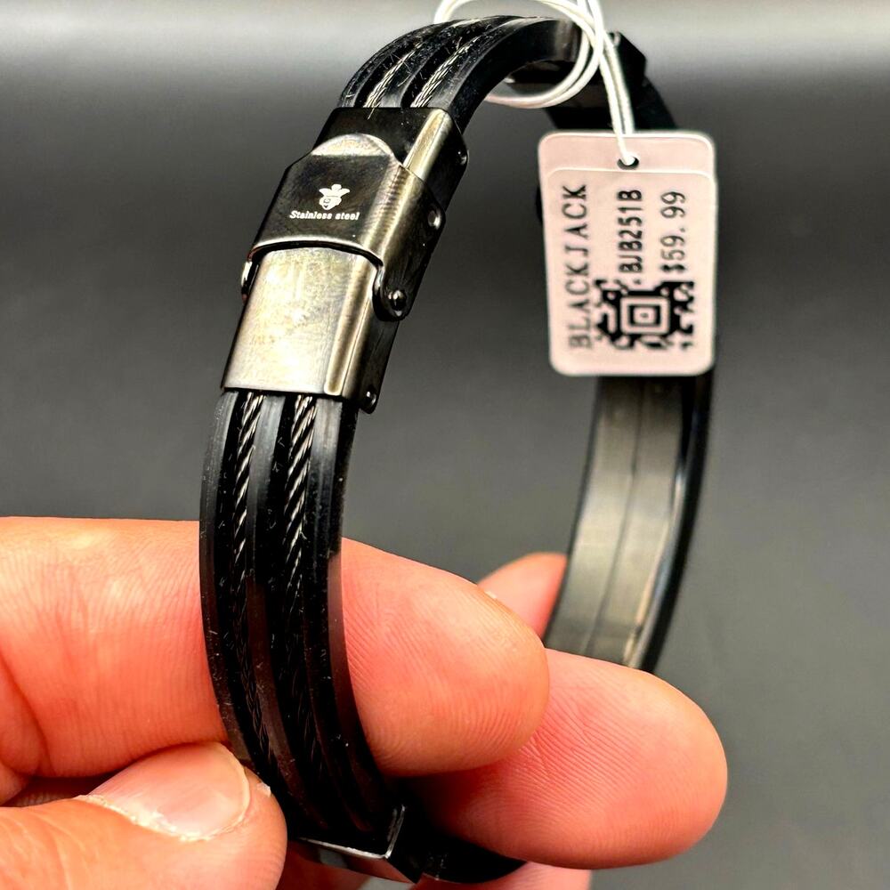 Blackjack BJB251B Men's Black Silicone Stainless Steel Bangle ID Bracelet NWT - Picture 3 of 17